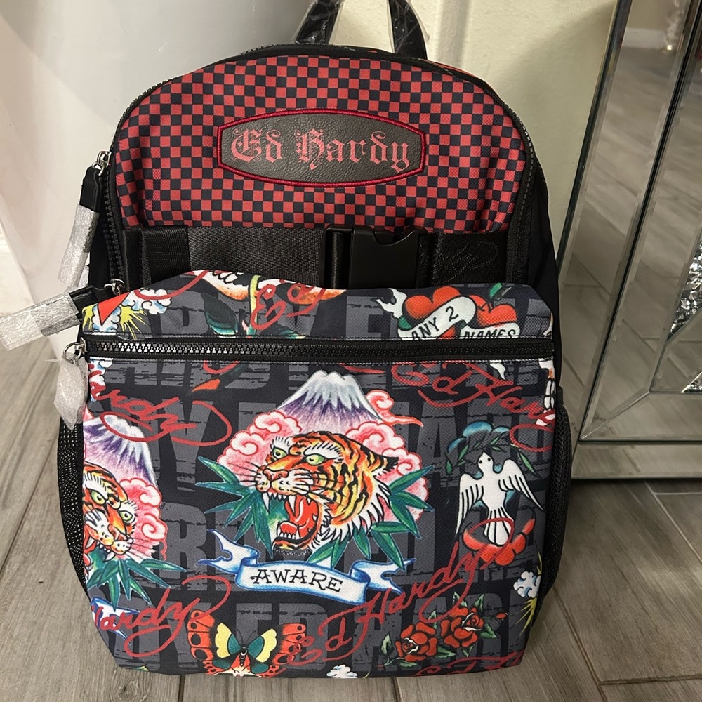 Ed Hardy Vibrant Black and Red Graphic Backpack